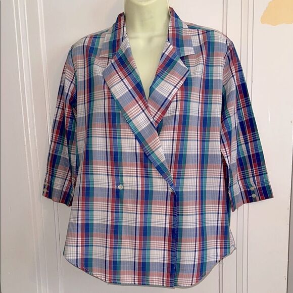 Vintage 80s/90s Foxcroft Multicolor Plaid Doublebreasted Shirt or Light Jacket - Picture 1 of 9
